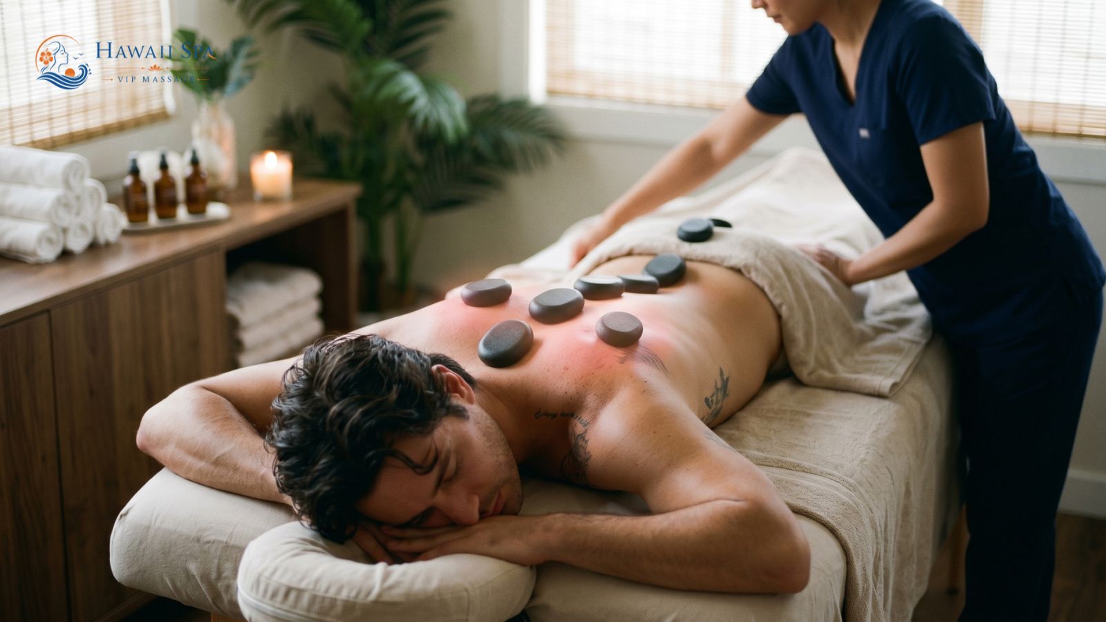 Professional stone placement along the spine during a basalt hot stone session